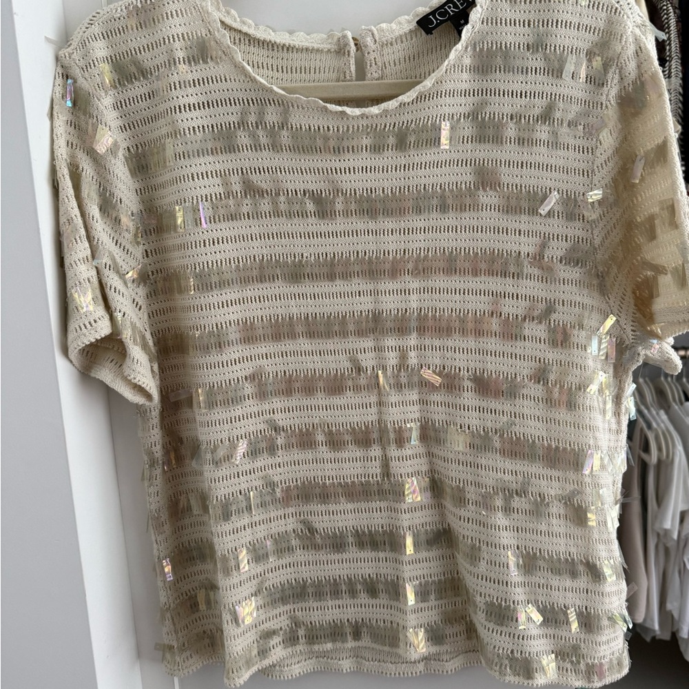 J. Crew Cream Crochet Short Sleeve Top with Iridescent Sequins